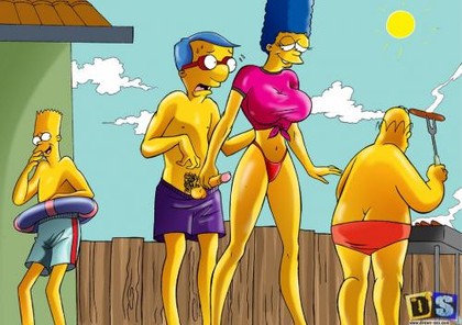 Simpsons Porn Handjob - Marge Simpson gives Milhouse a cheeky handjob behind Homers back